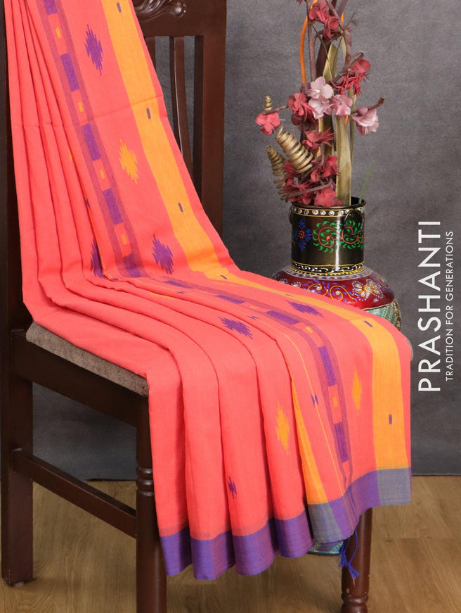 Bengal soft cotton saree peach shade with thread woven buttas and contrast border - {{ collection.title }} by Prashanti Sarees