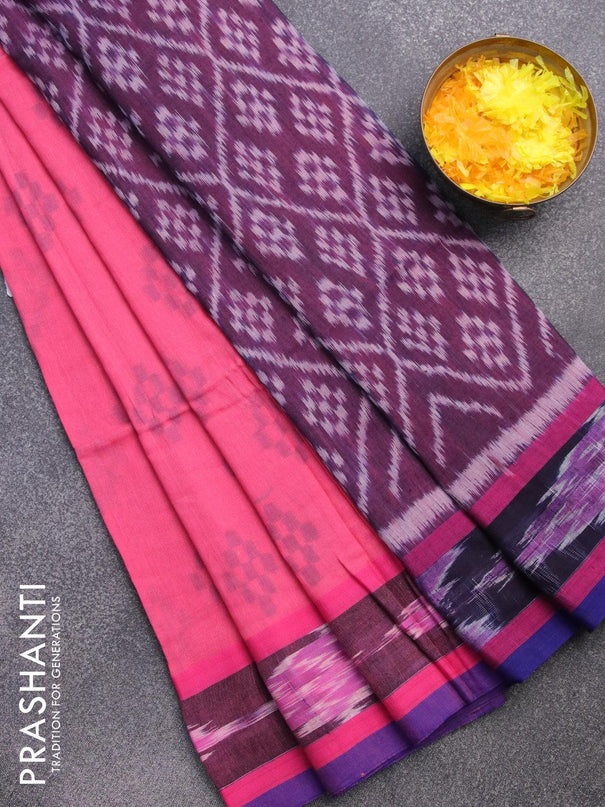 Bengal soft cotton saree pink and deep violet with butta prints and ikat woven border - {{ collection.title }} by Prashanti Sarees