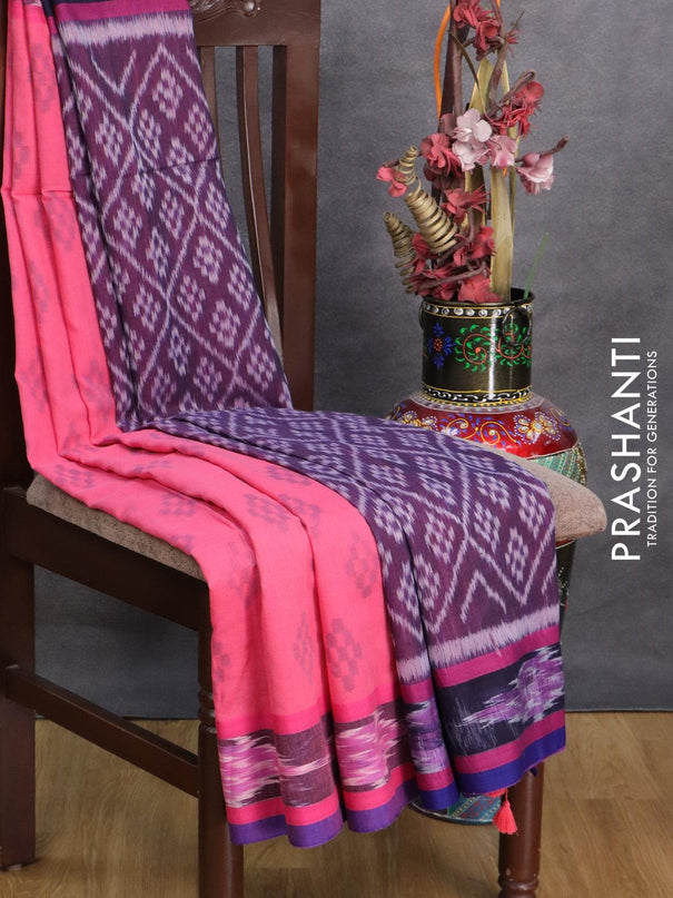 Bengal soft cotton saree pink and deep violet with butta prints and ikat woven border - {{ collection.title }} by Prashanti Sarees