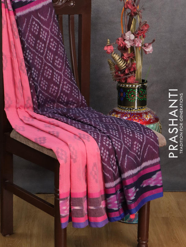 Bengal soft cotton saree pink and wine shade with butta prints and ikat woven border - {{ collection.title }} by Prashanti Sarees