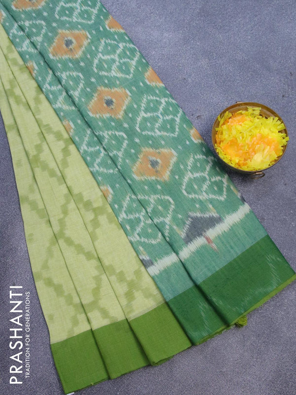 Bengal soft cotton saree pista green and green with allover ikat weaves and contrast border - {{ collection.title }} by Prashanti Sarees