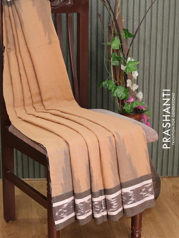 Bengal soft cotton saree sandal and black with plain body and ikat woven border - {{ collection.title }} by Prashanti Sarees