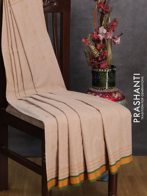 Bengal soft cotton saree sandal and green with thread woven buttas and simple border - {{ collection.title }} by Prashanti Sarees