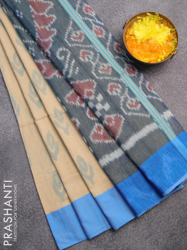 Bengal soft cotton saree sandal and light blue with butta prints and contrast border - {{ collection.title }} by Prashanti Sarees