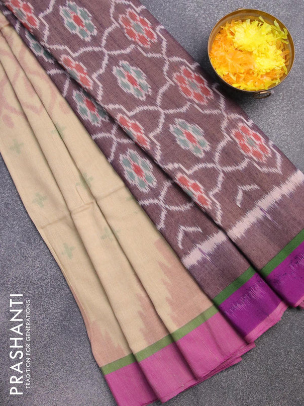 Bengal soft cotton saree sandal and purple with allover ikat weaves and simple border - {{ collection.title }} by Prashanti Sarees