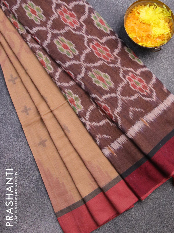 Bengal soft cotton saree sandal and red with allover ikat weaves and simple border - {{ collection.title }} by Prashanti Sarees