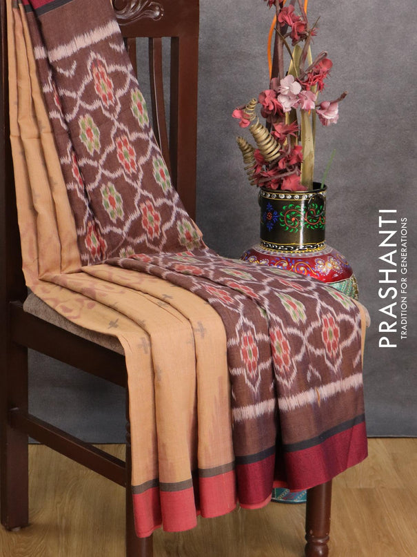 Bengal soft cotton saree sandal and red with allover ikat weaves and simple border - {{ collection.title }} by Prashanti Sarees