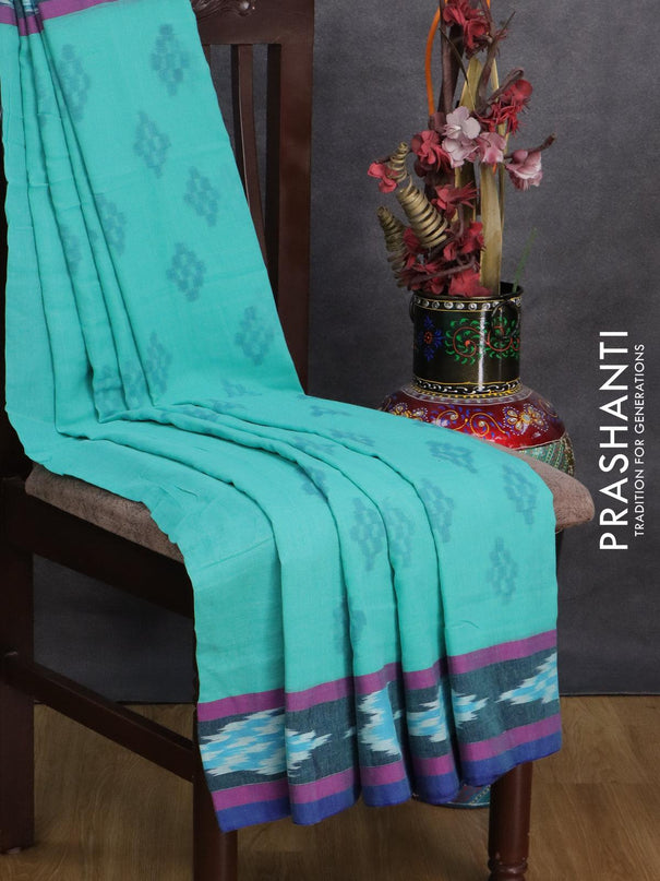 Bengal soft cotton saree teal blue and peacock blue with butta prints and ikat woven border - {{ collection.title }} by Prashanti Sarees