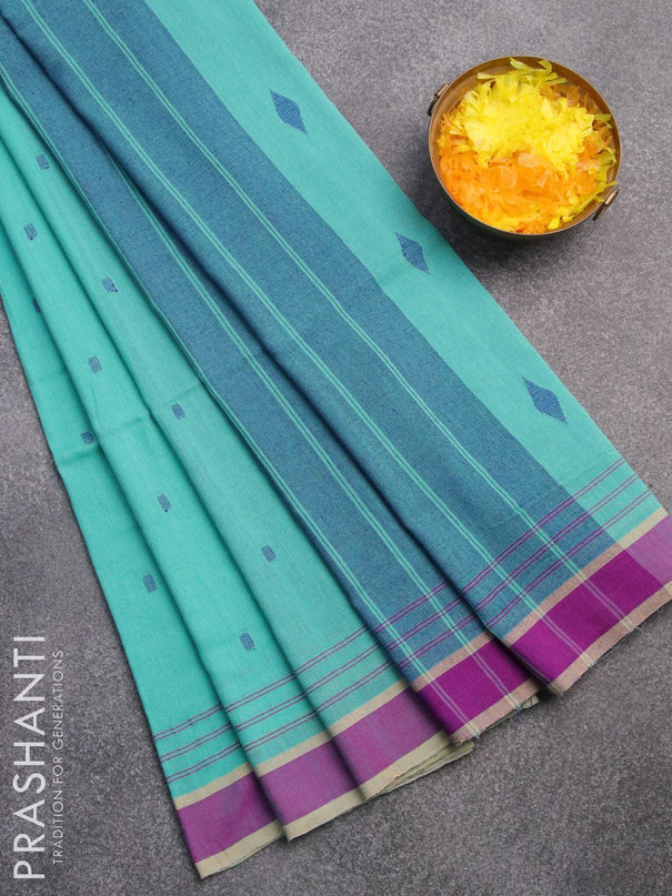 Bengal soft cotton saree teal blue shade and purple with thread woven buttas and simple border - {{ collection.title }} by Prashanti Sarees