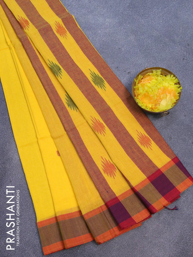Bengal soft cotton saree yellow and red with thread woven buttas and simple border - {{ collection.title }} by Prashanti Sarees