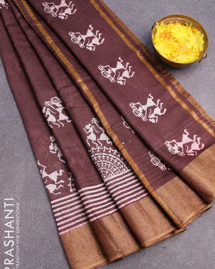 Bhagalpuri saree coffee brown with warli butta prints and zari woven border - {{ collection.title }} by Prashanti Sarees
