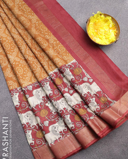 Bhagalpuri saree dark mustard and maroon with allover bandhani prints and long pichwai printed zari woven border - {{ collection.title }} by Prashanti Sarees