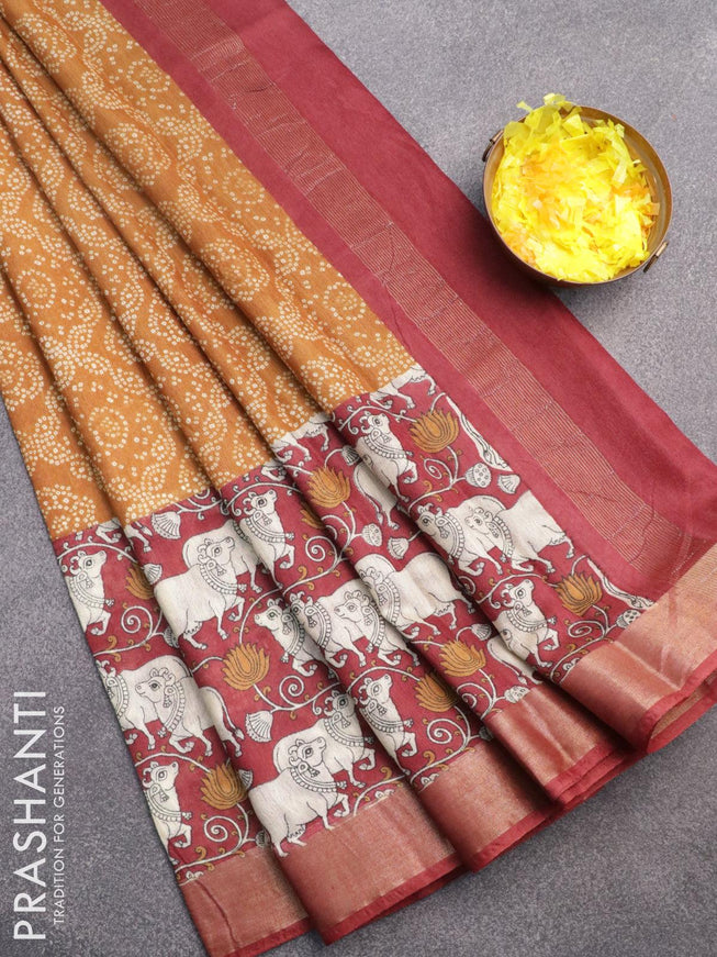 Bhagalpuri saree dark mustard and maroon with allover bandhani prints and long pichwai printed zari woven border - {{ collection.title }} by Prashanti Sarees