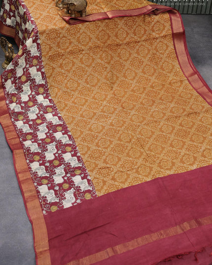 Bhagalpuri saree dark mustard and maroon with allover bandhani prints and pichwai prints & zari woven border - {{ collection.title }} by Prashanti Sarees