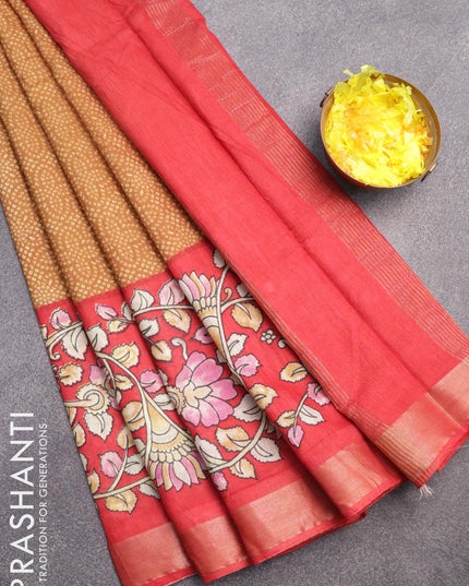 Bhagalpuri saree dark mustard and red with allover bandhani prints and long kalamkari printed zari border - {{ collection.title }} by Prashanti Sarees