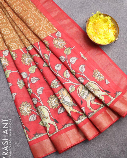 Bhagalpuri saree dark mustard and red with allover bandhani prints and long pichwai printed zari woven border - {{ collection.title }} by Prashanti Sarees