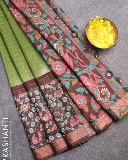 Bhagalpuri saree green and brown with allover zari checked pattern and long kalamkari printed zari border - {{ collection.title }} by Prashanti Sarees