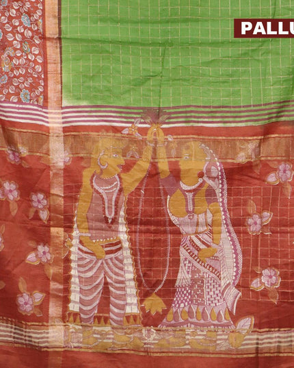 Bhagalpuri saree green and rust shade with allover zari checked pattern and long kalamkari printed zari border - {{ collection.title }} by Prashanti Sarees