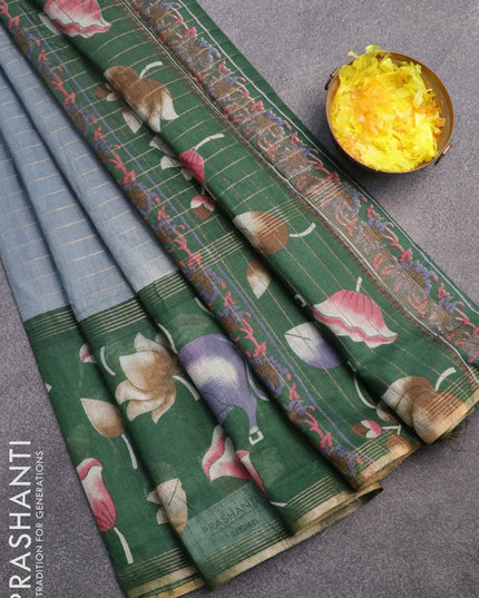 Bhagalpuri saree grey and green with allover zari woven stripes pattern and pichwai printed border - {{ collection.title }} by Prashanti Sarees