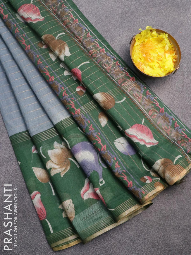 Bhagalpuri saree grey and green with allover zari woven stripes pattern and pichwai printed border - {{ collection.title }} by Prashanti Sarees