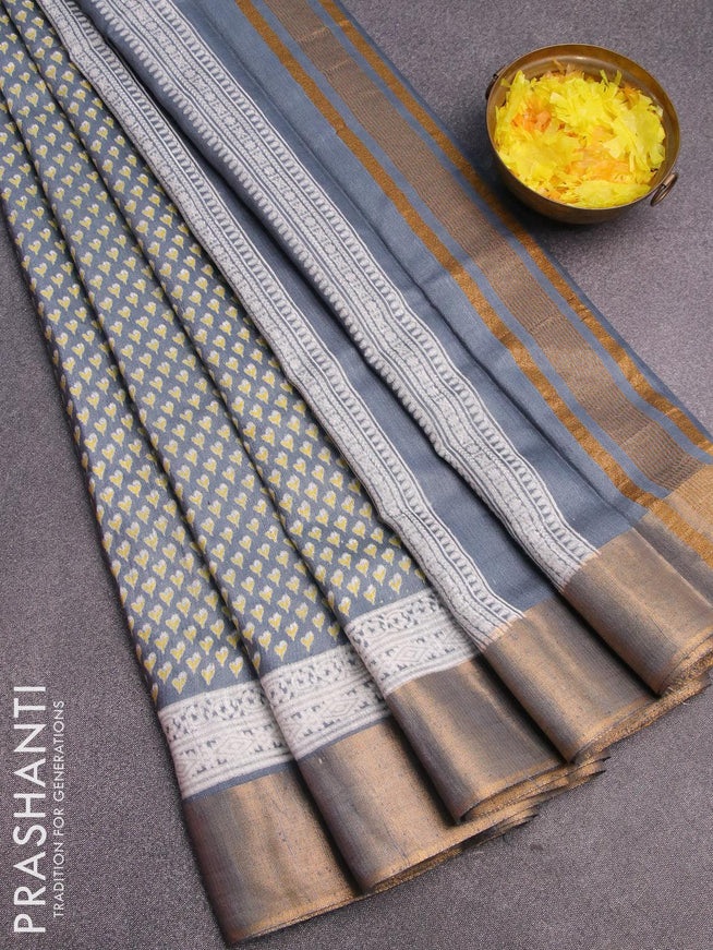 Bhagalpuri saree grey with allover floral butta prints and zari woven border - {{ collection.title }} by Prashanti Sarees