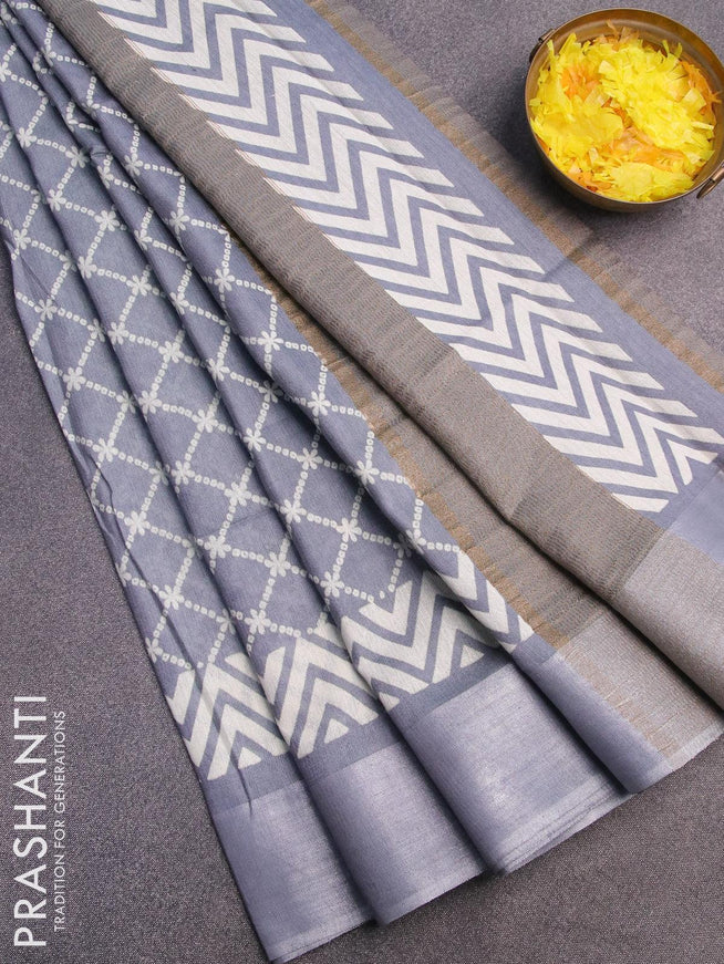 Bhagalpuri saree grey with allover prints and silver zari woven border - {{ collection.title }} by Prashanti Sarees