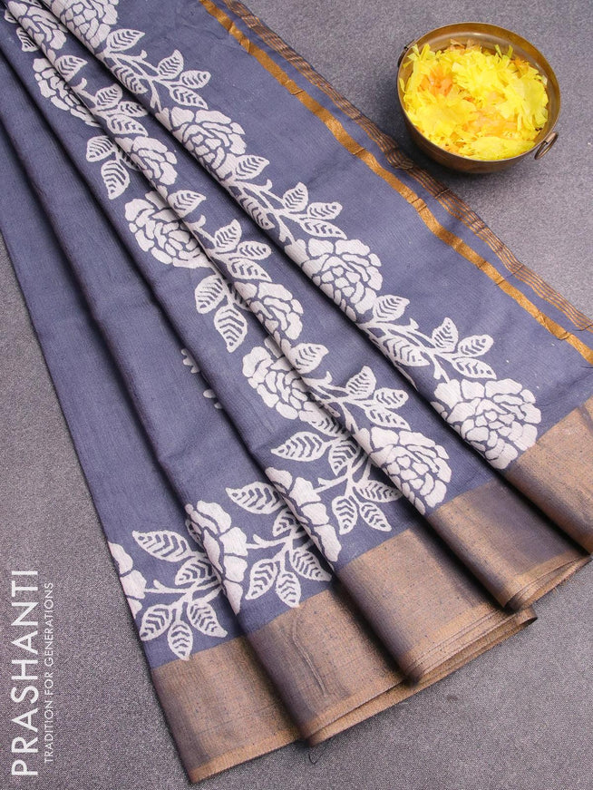 Bhagalpuri saree grey with floral butta prints and zari woven border - {{ collection.title }} by Prashanti Sarees