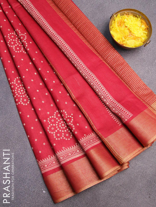 Bhagalpuri saree kum kum red with allover bandhani prints and zari woven border - {{ collection.title }} by Prashanti Sarees