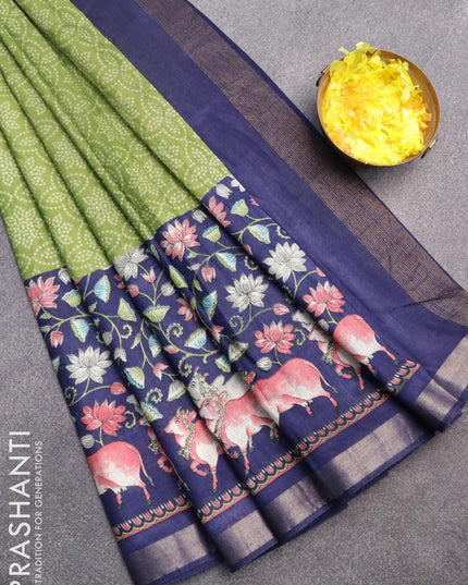 Bhagalpuri saree light green and blue with allover bandhani prints and long pichwai printed zari woven border - {{ collection.title }} by Prashanti Sarees