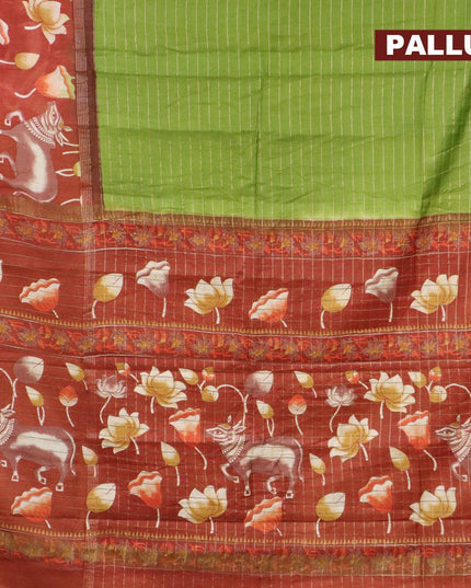Bhagalpuri saree light green and rust shade with allover zari woven stripes pattern and pichwai printed border - {{ collection.title }} by Prashanti Sarees
