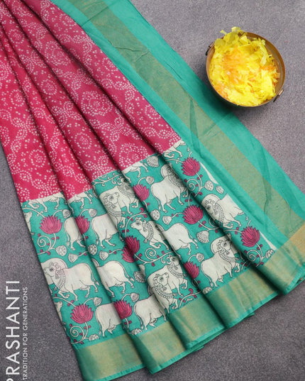 Bhagalpuri saree magenta pink and teal green with allover bandhani prints and long pichwai printed zari woven border - {{ collection.title }} by Prashanti Sarees