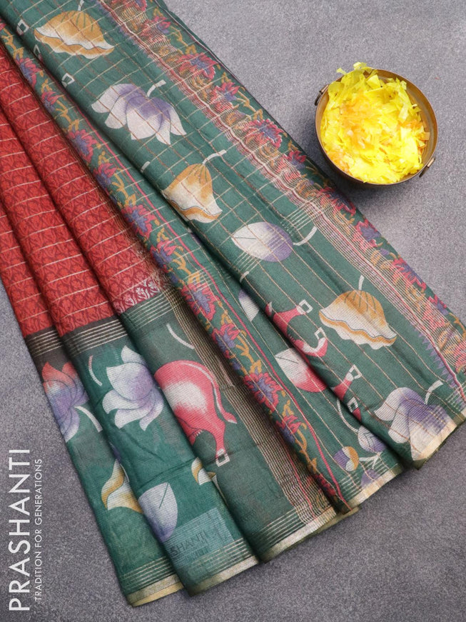 Bhagalpuri saree maroon and peacock green with allover prints & zari stripes pattern and pichwai printed border - {{ collection.title }} by Prashanti Sarees