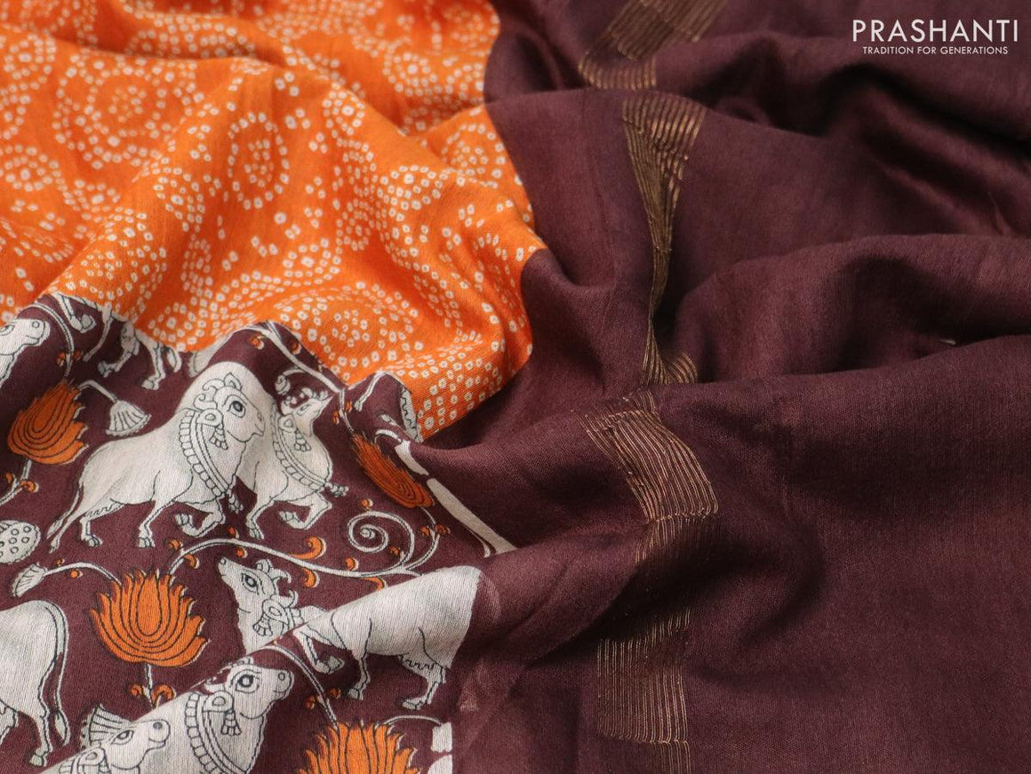 Bhagalpuri saree orange and coffee brown with allover bandhani prints and pichwai prints & zari woven border - {{ collection.title }} by Prashanti Sarees