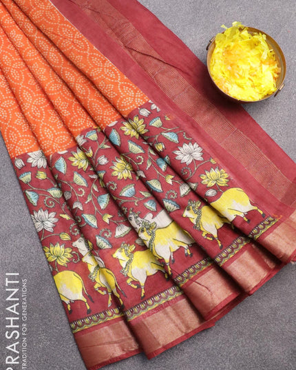 Bhagalpuri saree orange and maroon with allover bandhani prints and long pichwai printed zari woven border - {{ collection.title }} by Prashanti Sarees