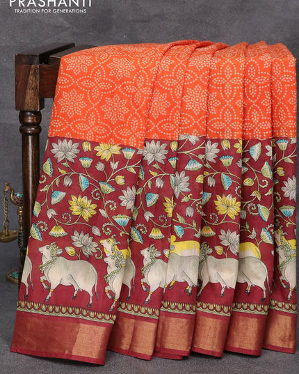 Bhagalpuri saree orange and maroon with allover bandhani prints and pichwai prints & zari woven border - {{ collection.title }} by Prashanti Sarees