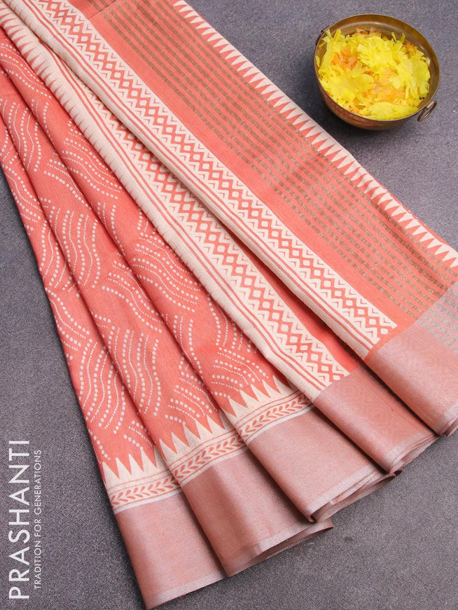 Bhagalpuri saree orange shade with allover geometric prints and silver zari woven border - {{ collection.title }} by Prashanti Sarees