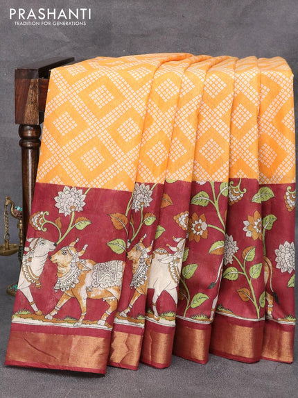 Bhagalpuri saree pale orange and maroon with allover bandhani prints and pichwai prints & zari woven border - {{ collection.title }} by Prashanti Sarees