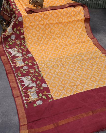 Bhagalpuri saree pale orange and maroon with allover bandhani prints and pichwai prints & zari woven border - {{ collection.title }} by Prashanti Sarees