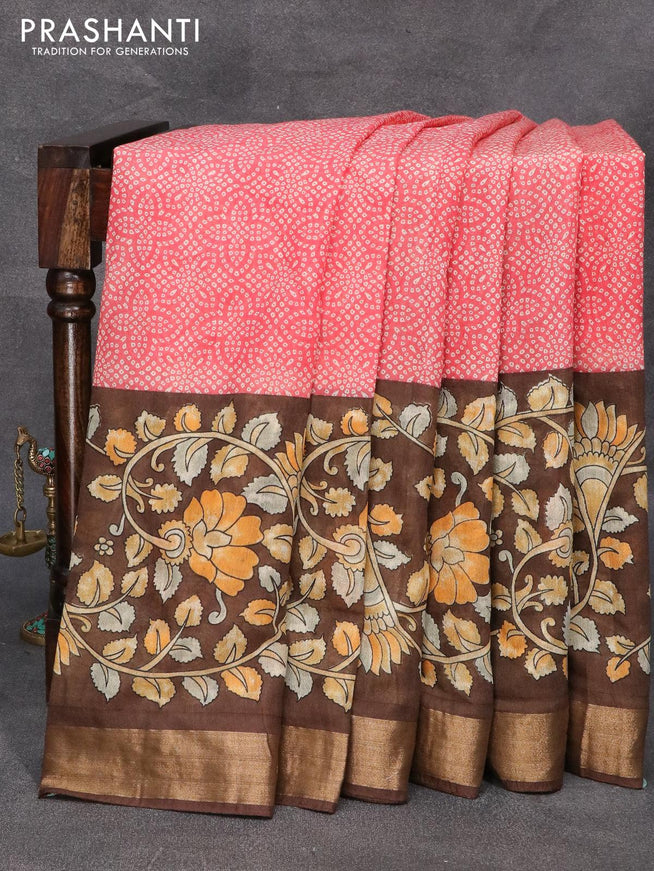 Bhagalpuri saree peach red shade and brown with allover bandhani prints and kalamkar prints & zari woven border - {{ collection.title }} by Prashanti Sarees