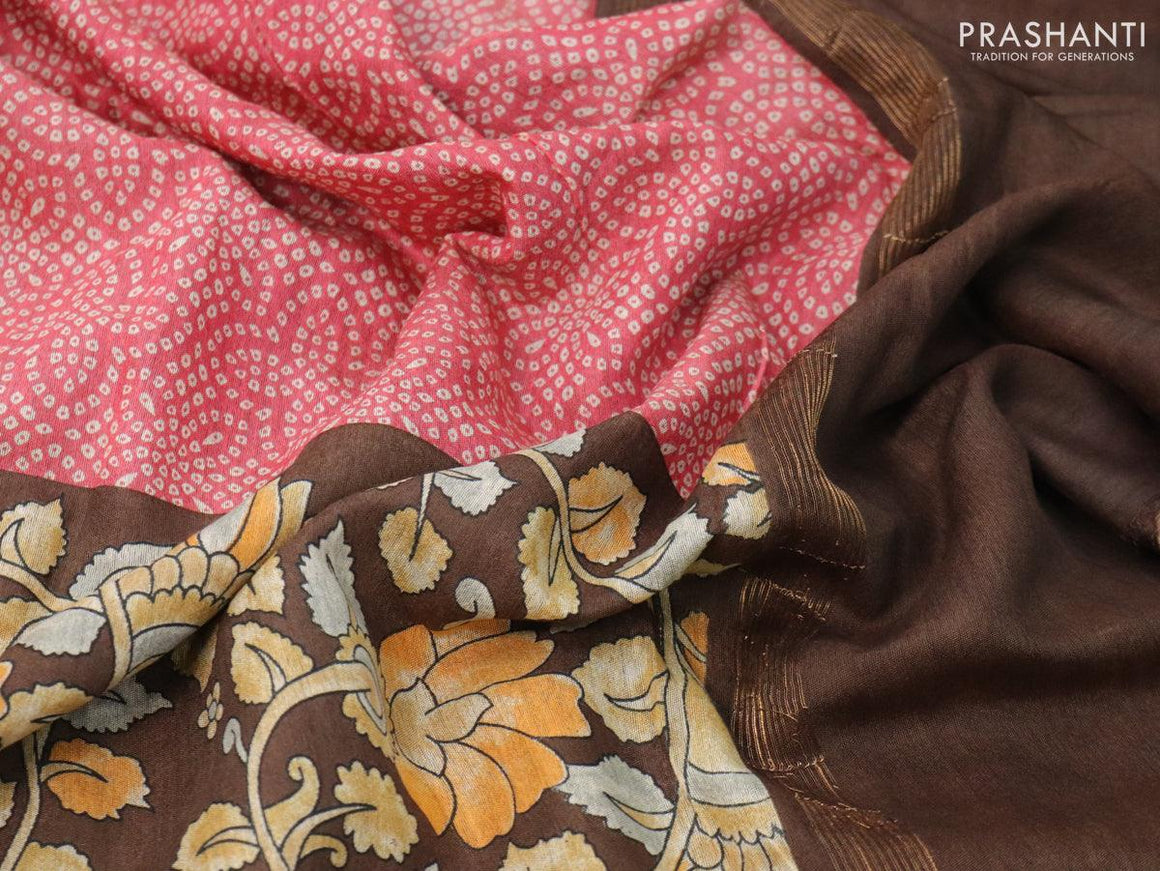 Bhagalpuri saree peach red shade and brown with allover bandhani prints and kalamkar prints & zari woven border - {{ collection.title }} by Prashanti Sarees