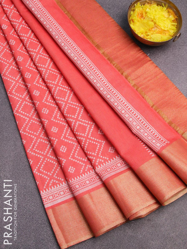 Bhagalpuri saree peach shade with allover bandhani prints and zari woven border - {{ collection.title }} by Prashanti Sarees