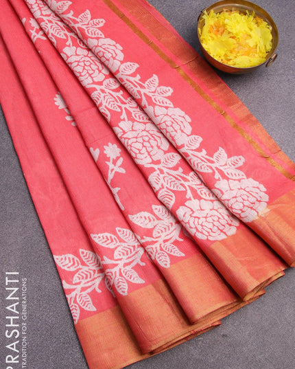 Bhagalpuri saree peach shade with floral butta prints and zari woven border - {{ collection.title }} by Prashanti Sarees