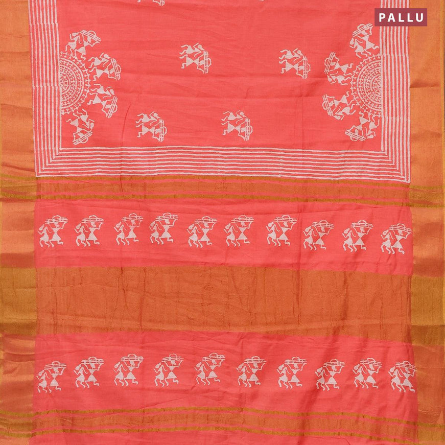 Bhagalpuri saree peach shade with warli butta prints and zari woven border - {{ collection.title }} by Prashanti Sarees