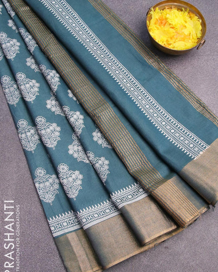 Bhagalpuri saree peacock green shade with allover floral butta prints and zari woven border - {{ collection.title }} by Prashanti Sarees