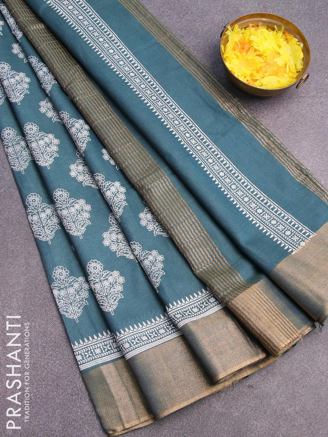 Bhagalpuri saree peacock green shade with allover floral butta prints and zari woven border - {{ collection.title }} by Prashanti Sarees
