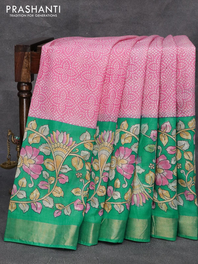 Bhagalpuri saree pink and teal green shade with allover bandhani prints and kalamkar prints & zari woven border - {{ collection.title }} by Prashanti Sarees