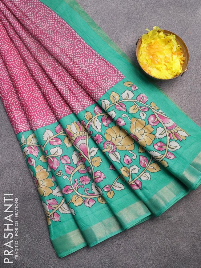 Bhagalpuri saree pink and teal green with allover bandhani prints and long kalamkari printed zari border - {{ collection.title }} by Prashanti Sarees