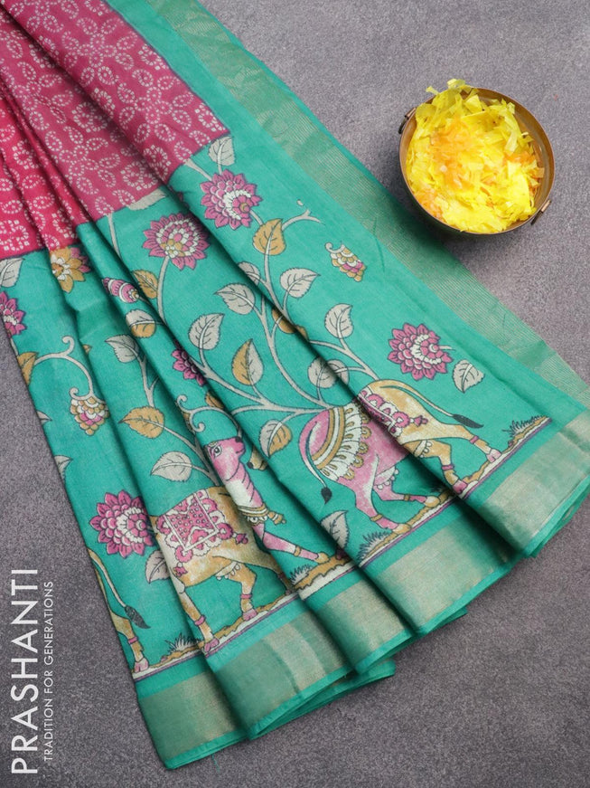 Bhagalpuri saree pink and teal green with allover bandhani prints and long pichwai printed zari woven border - {{ collection.title }} by Prashanti Sarees