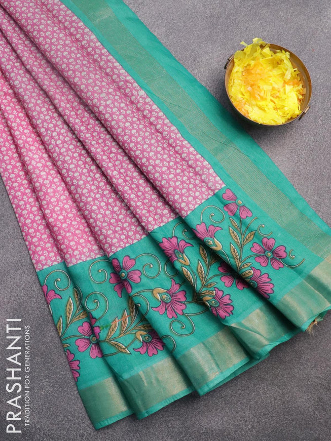 Bhagalpuri saree pink and teal green with allover prints and floral printed zari border - {{ collection.title }} by Prashanti Sarees