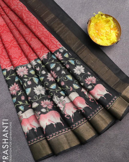Bhagalpuri saree red and black with allover bandhani prints and long pichwai printed zari woven border - {{ collection.title }} by Prashanti Sarees